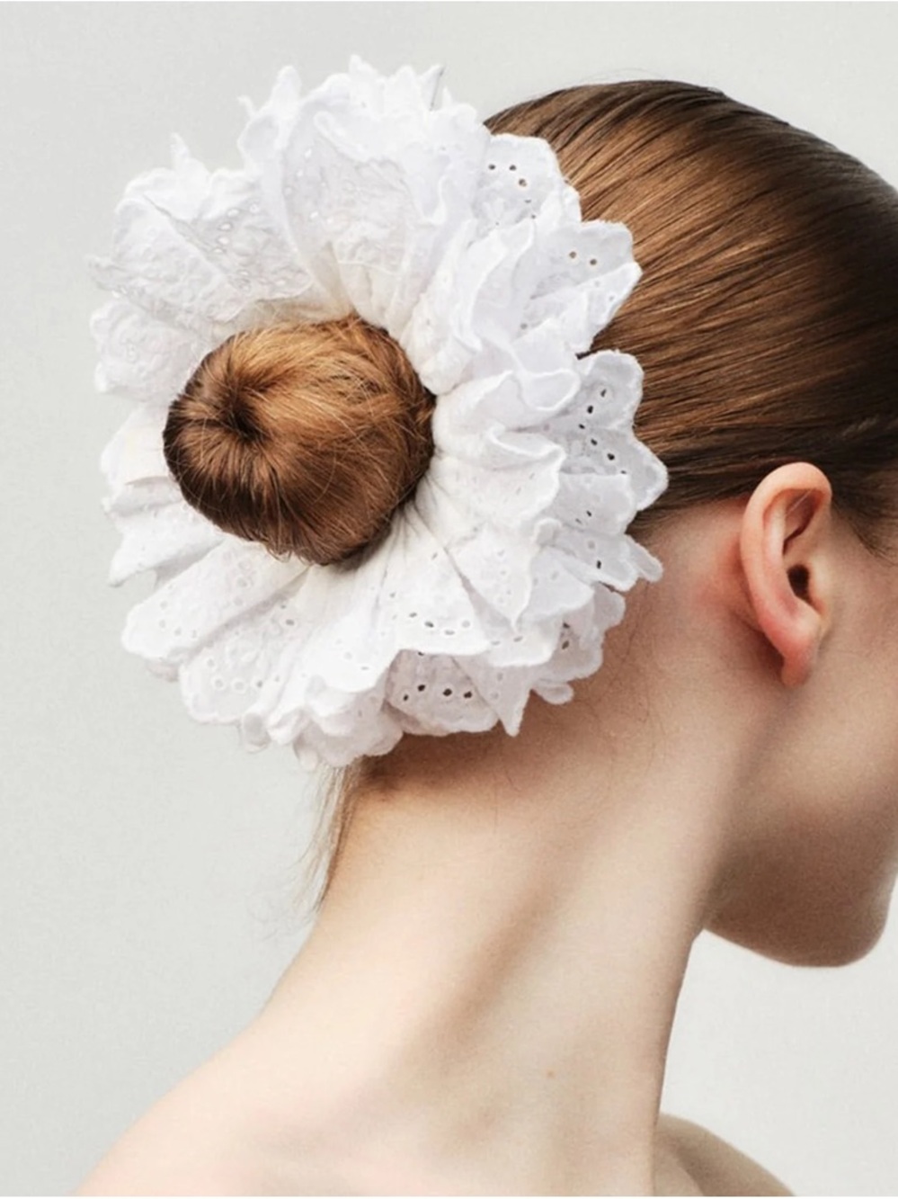 Good Squish Blumberg White whimsical upgrade lace scrunchie with ruffed edges